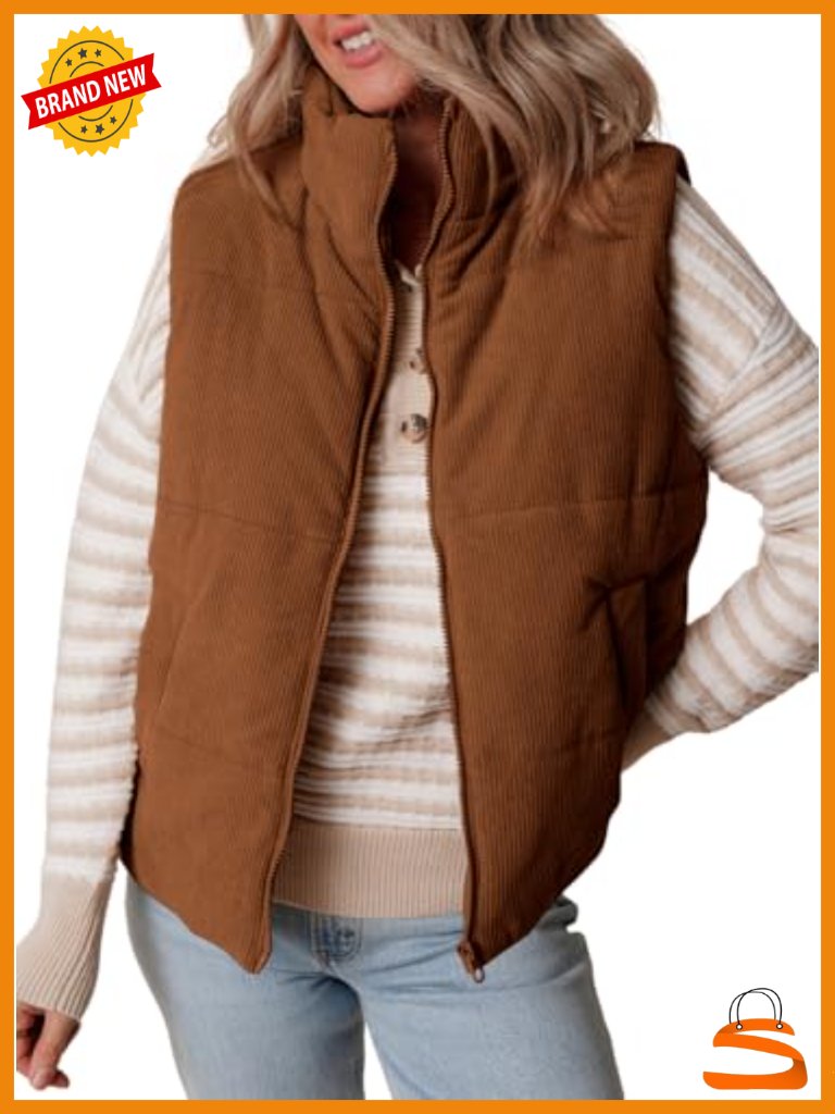 Corduroy Puffer Vest Sleeveless Quilted Jacket Stand Collar Zip Front